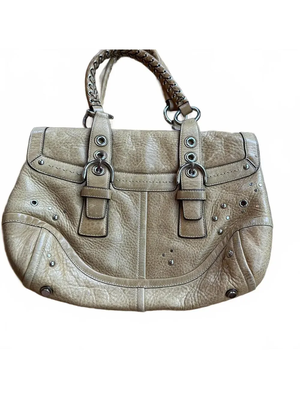 Vintage Coach Tan Leather Studded Shoulder Bag Grommet Chain